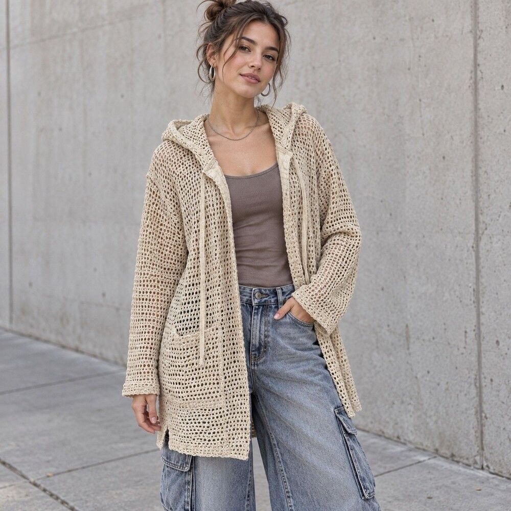 Y2K BAJA BLUE Vintage Crochet Knit Hooded Open Cardigan Cover Up Cream Mesh M